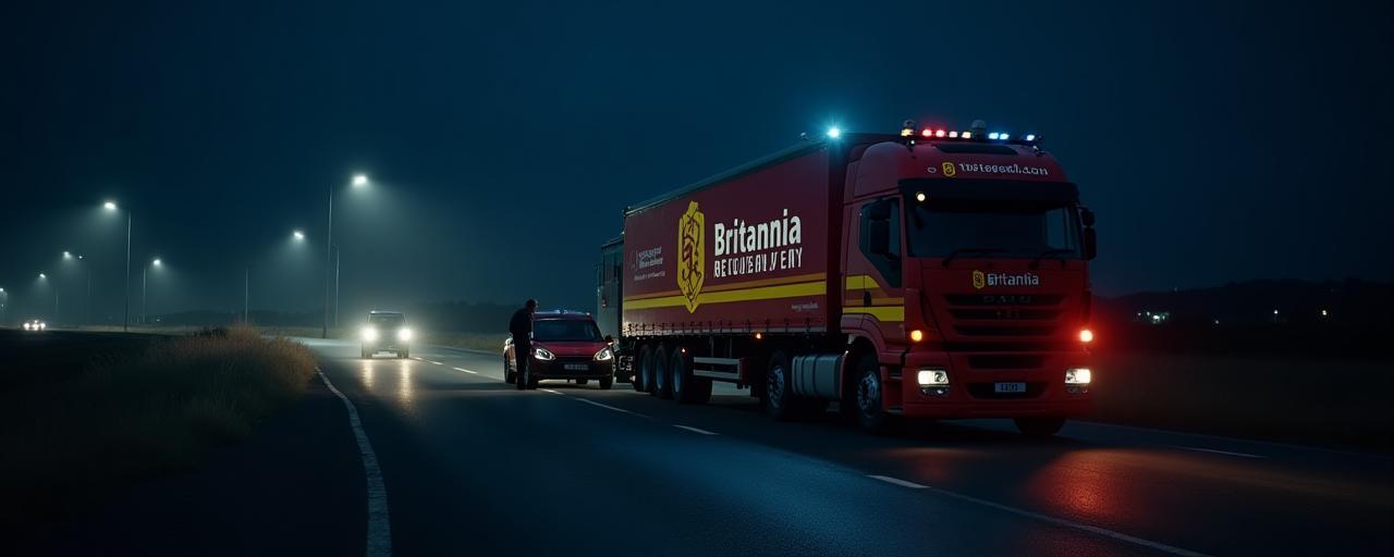 Britannia Recovery truck attending a vehicle breakdown at night (1280x512)